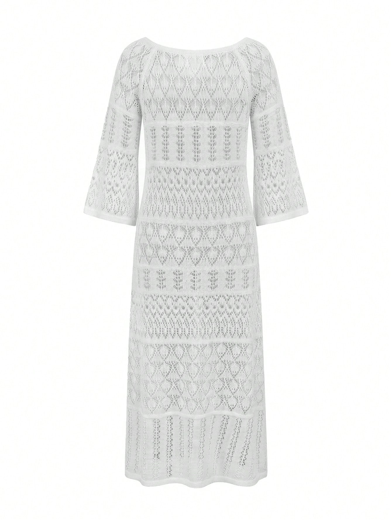 Elegant & Fashionable Casual Hollow-Out Solid Color Cover Up Dress/Cover-Up For Beach Resort, Spring/Summer Vacation White