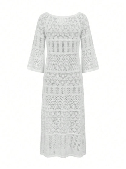Elegant & Fashionable Casual Hollow-Out Solid Color Cover Up Dress/Cover-Up For Beach Resort, Spring/Summer Vacation White