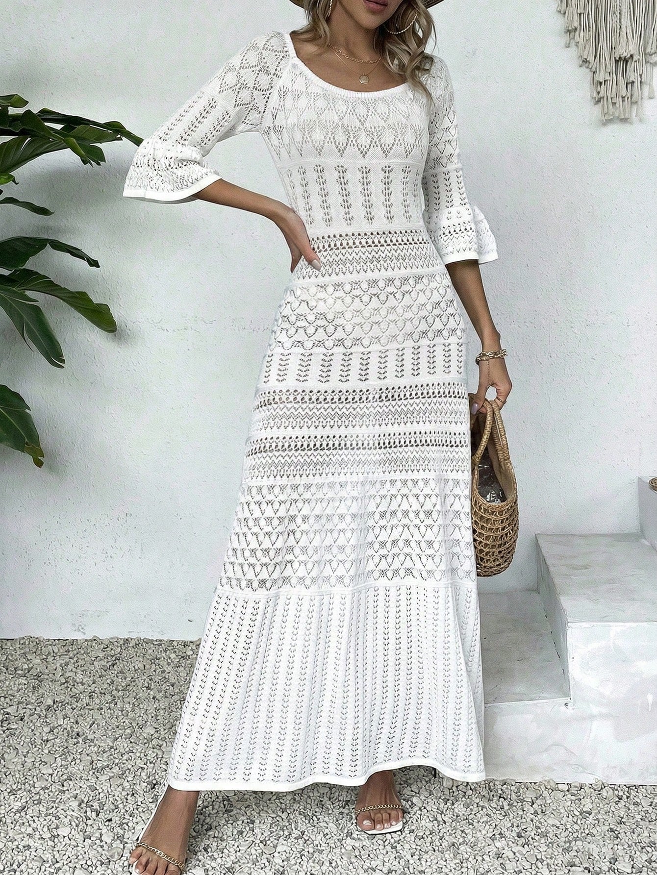 Elegant & Fashionable Casual Hollow-Out Solid Color Cover Up Dress/Cover-Up For Beach Resort, Spring/Summer Vacation White