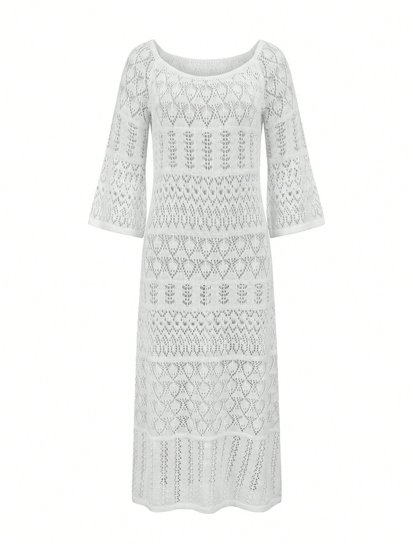 Elegant & Fashionable Casual Hollow-Out Solid Color Cover Up Dress/Cover-Up For Beach Resort, Spring/Summer Vacation White