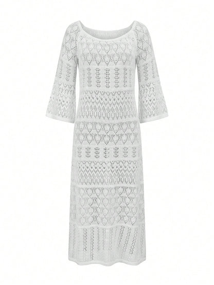 Elegant & Fashionable Casual Hollow-Out Solid Color Cover Up Dress/Cover-Up For Beach Resort, Spring/Summer Vacation White