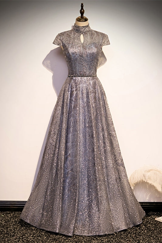 Elegant High Neck Grey Sequined Long Evening Dress