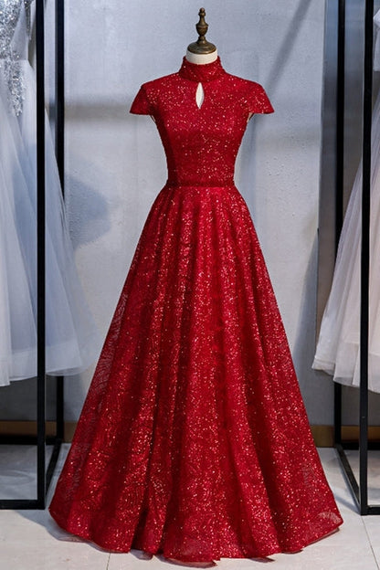 Elegant High Neck Grey Sequined Long Evening Dress