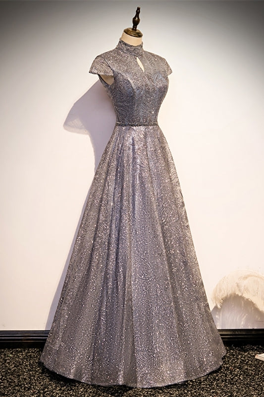 Elegant High Neck Grey Sequined Long Evening Dress