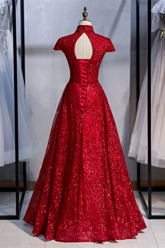 Elegant High Neck Grey Sequined Long Evening Dress