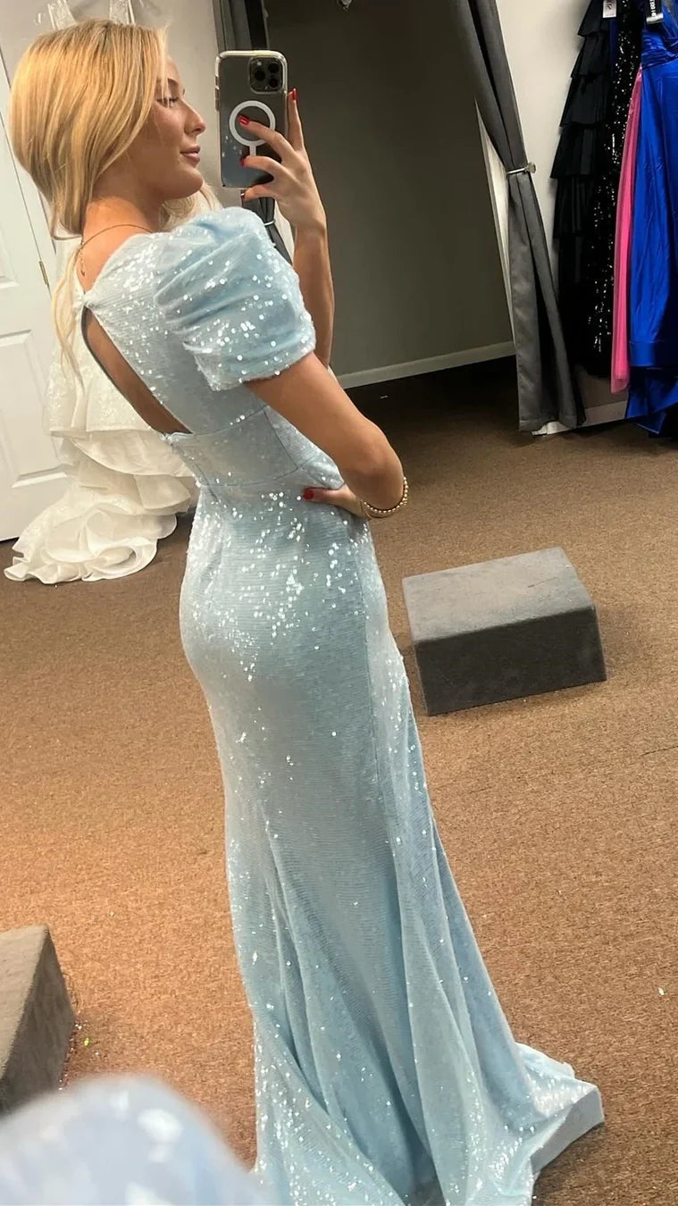 Elegant Light Blue Sequin Prom Dresses V-Neck Slit Evening Party Dress,AST2222