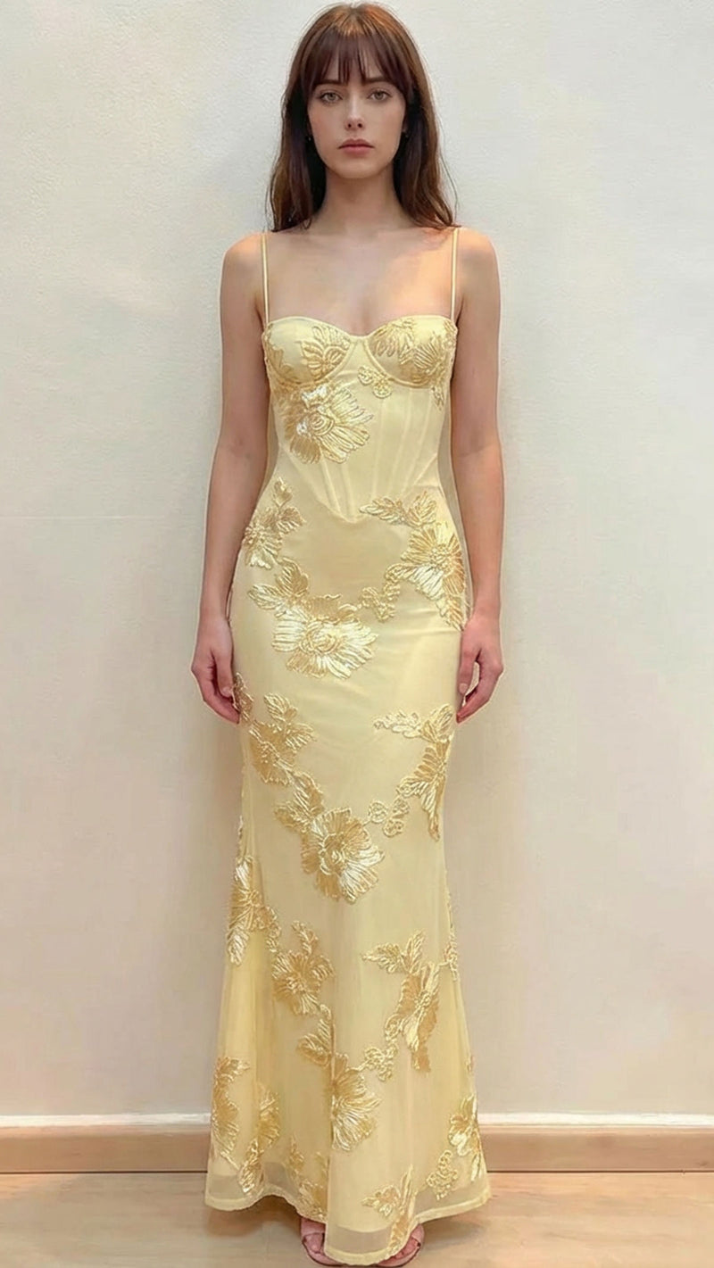 Elegant Mermaid Floral Embroidered Lace Up Yellow Prom Dress,AST2298