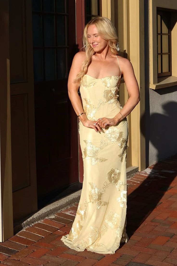 Elegant Mermaid Floral Embroidered Lace Up Yellow Prom Dress,AST2298