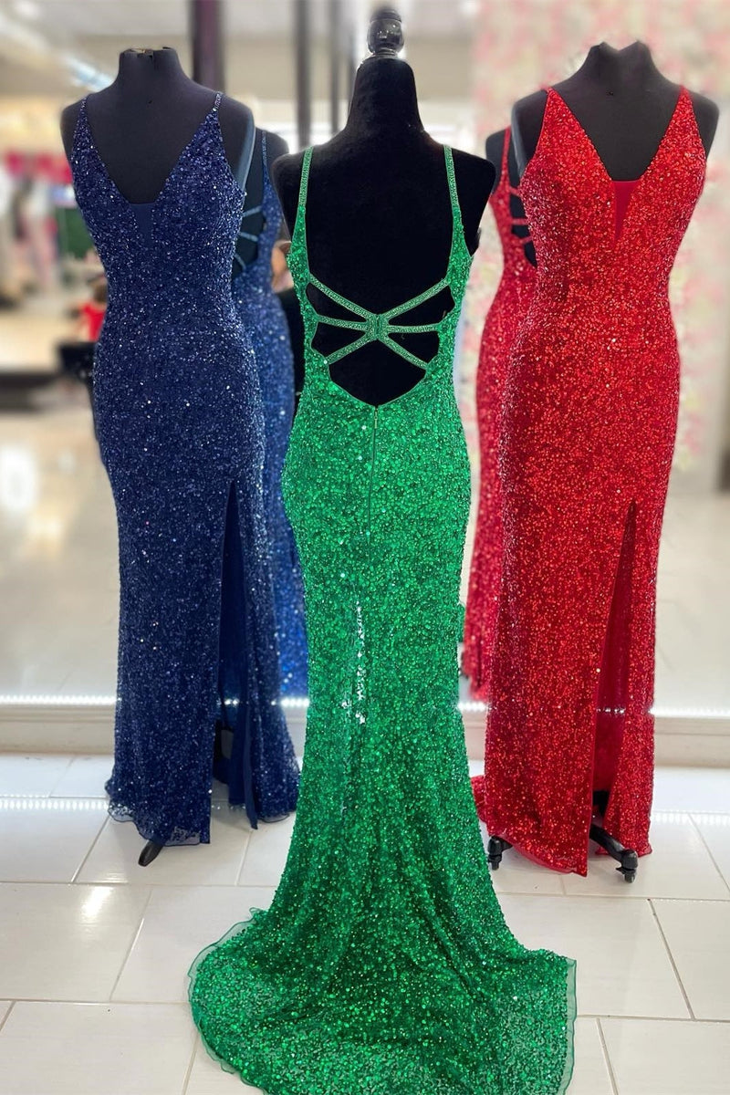 Elegant Mermaid Sequin V Neck Long Formal Dress