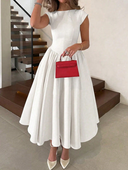 Elegant Minimalist Fashion Casual Retro Flared Short Sleeve Solid Color Pleated Zipper Women's Long Dress White Summer