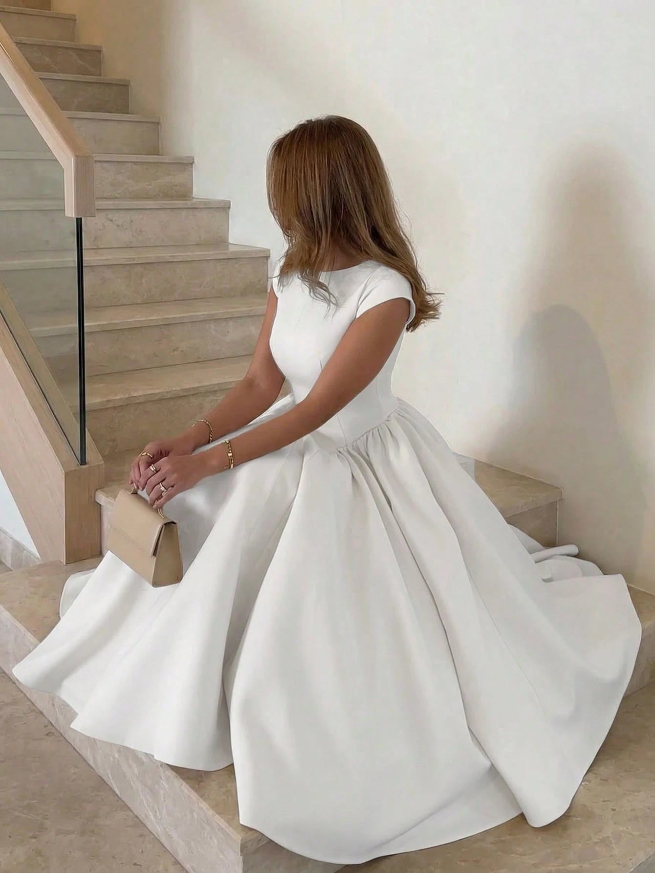Elegant Minimalist Fashion Casual Retro Flared Short Sleeve Solid Color Pleated Zipper Women's Long Dress White Summer