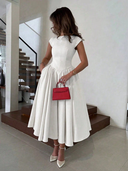Elegant Minimalist Fashion Casual Retro Flared Short Sleeve Solid Color Pleated Zipper Women's Long Dress White Summer