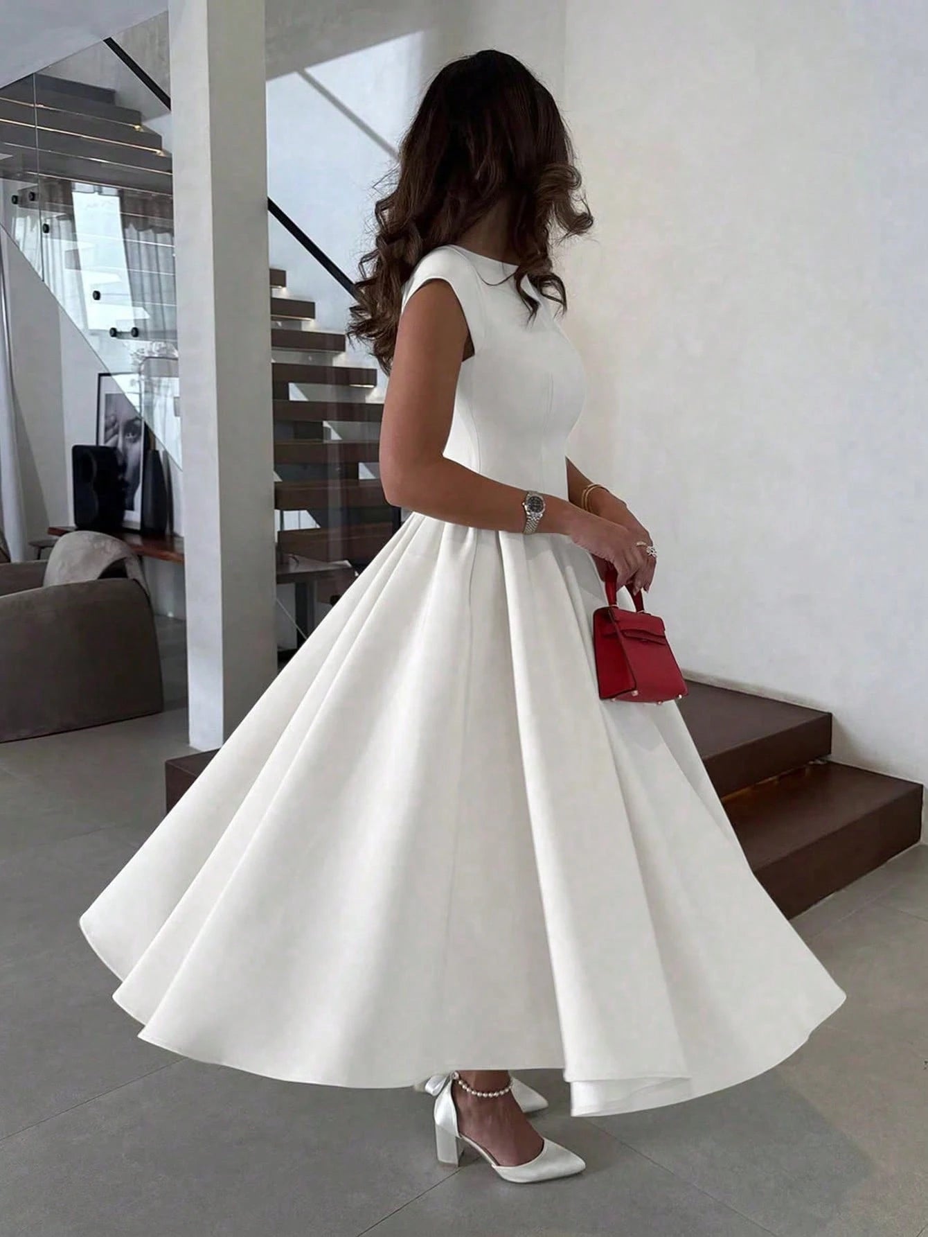 Elegant Minimalist Fashion Casual Retro Flared Short Sleeve Solid Color Pleated Zipper Women's Long Dress White Summer