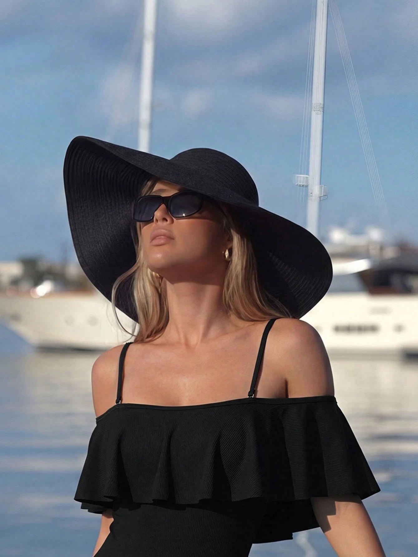 Elegant Off-Shoulder Ruffle Ribbed One-Piece Swimsuit For Women Beach Vacation Swimwear Black Summer