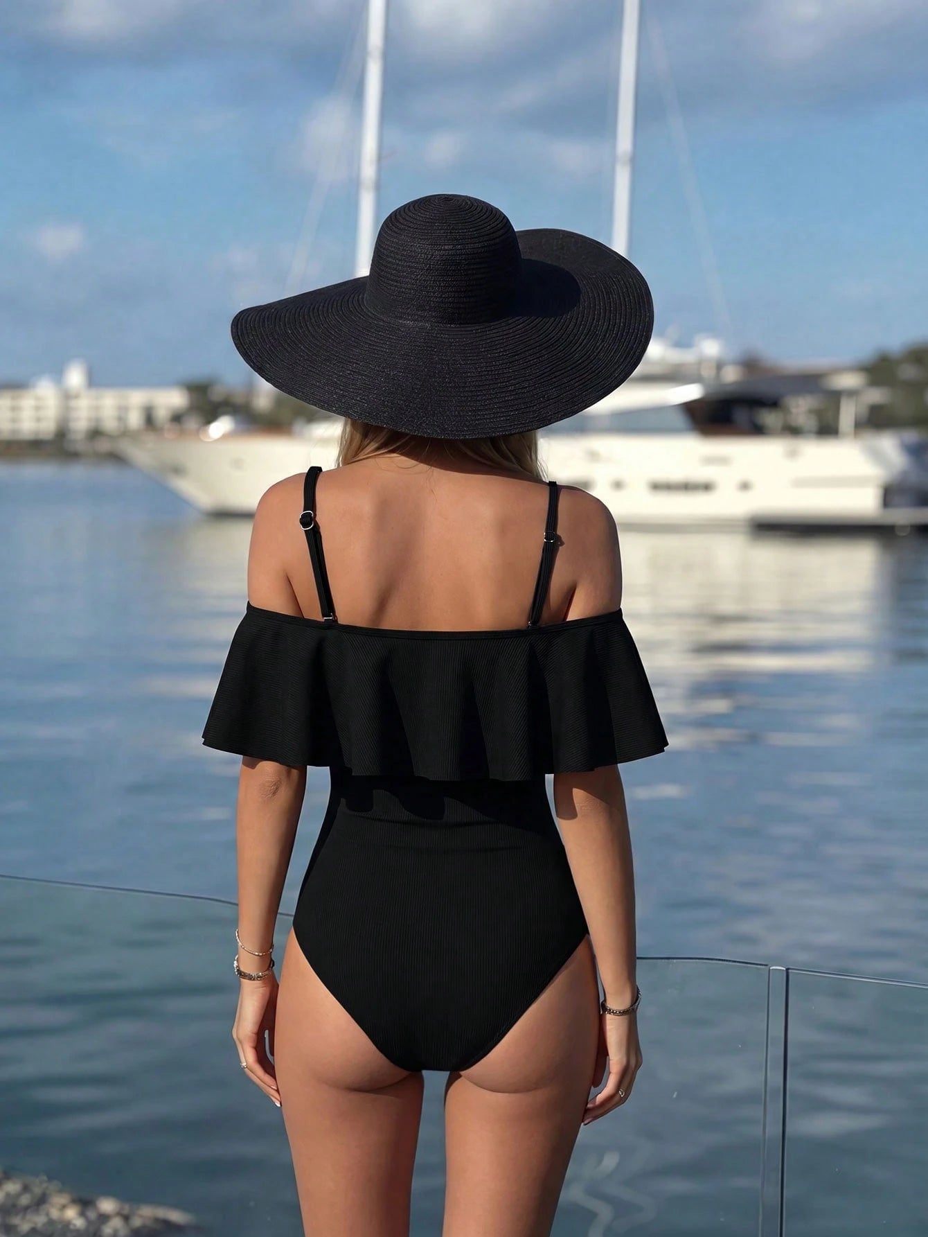 Elegant Off-Shoulder Ruffle Ribbed One-Piece Swimsuit For Women Beach Vacation Swimwear Black Summer