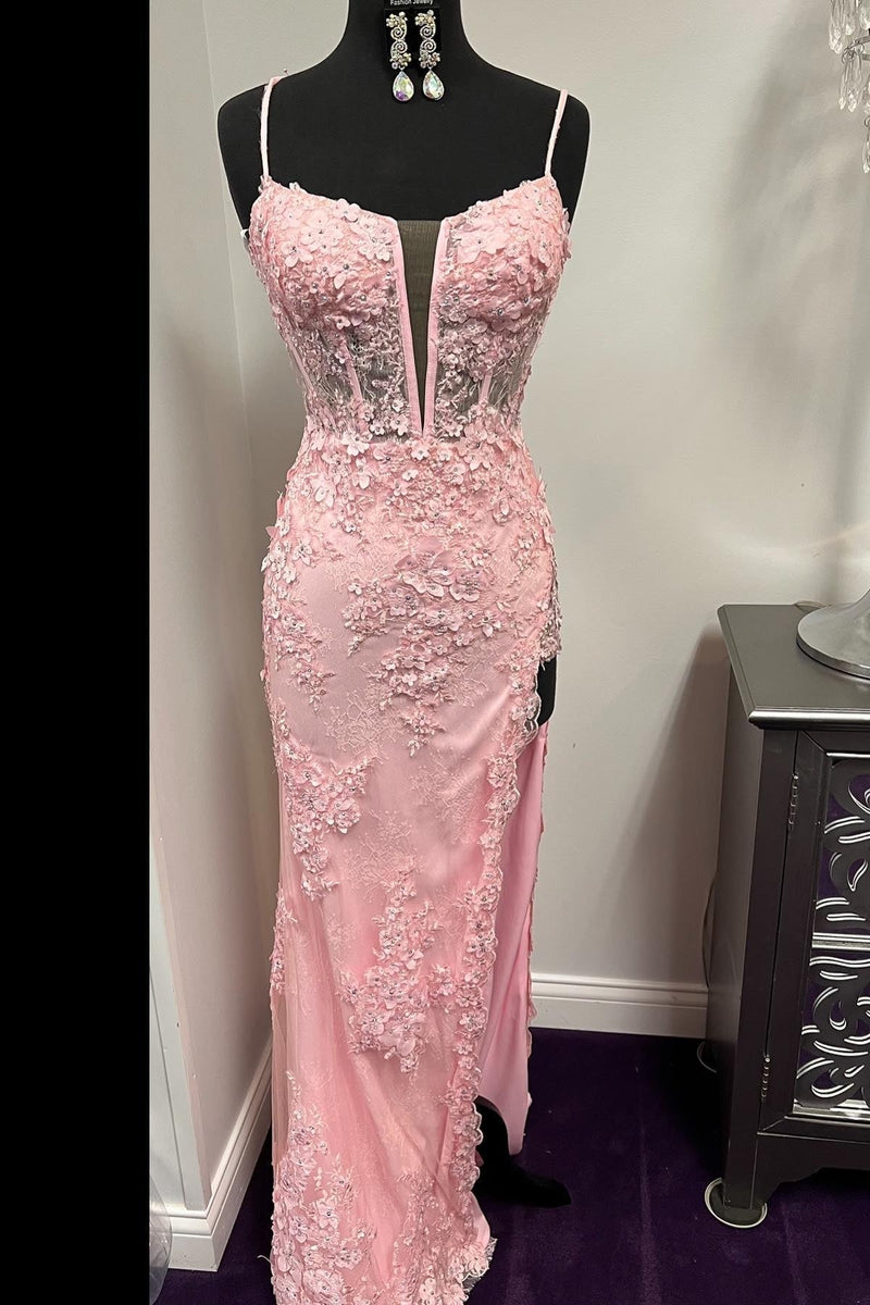 Elegant Pink Lace Mermaid Slit Long Prom Dress