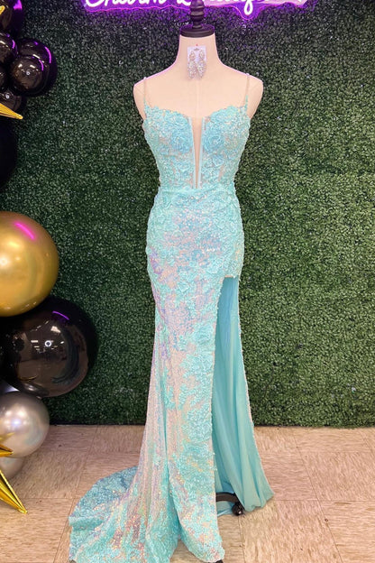 Elegant Pink Lace Mermaid Slit Long Prom Dress