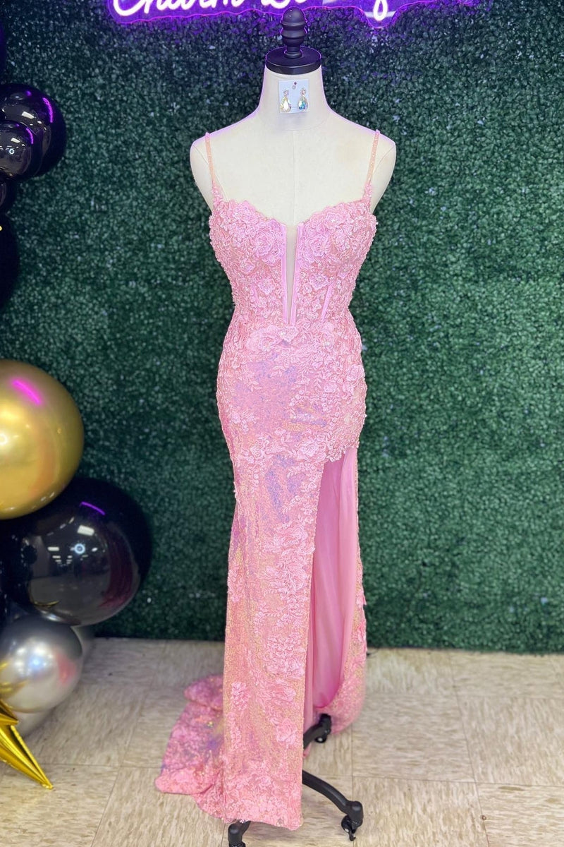 Elegant Pink Lace Mermaid Slit Long Prom Dress