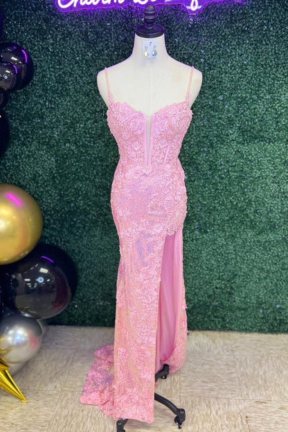 Elegant Pink Lace Mermaid Slit Long Prom Dress