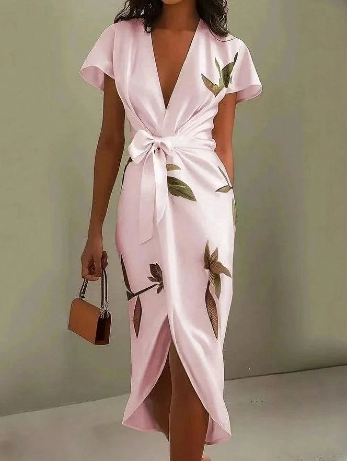 Elegant Satin Dress Women With Floral Print And Wrap Waist For Workwear