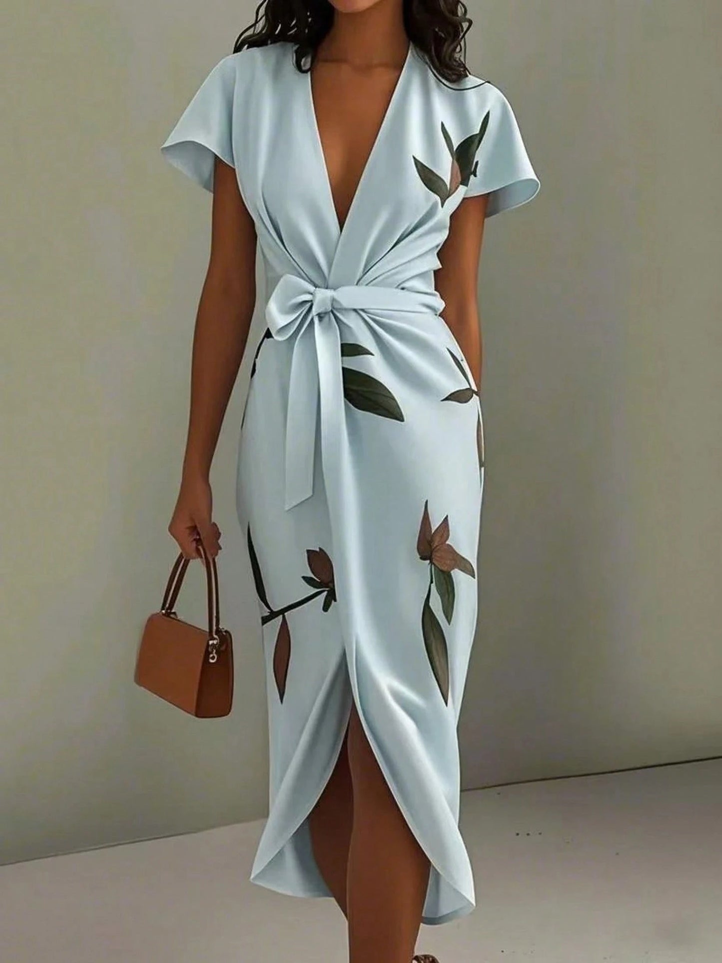 Elegant Satin Dress Women With Floral Print And Wrap Waist For Workwear