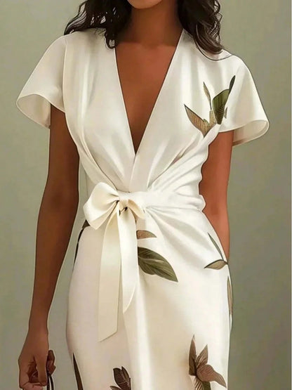Elegant Satin Dress Women With Floral Print And Wrap Waist For Workwear