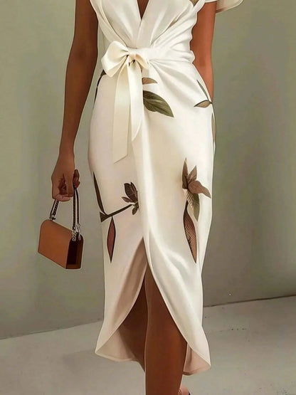 Elegant Satin Dress Women With Floral Print And Wrap Waist For Workwear