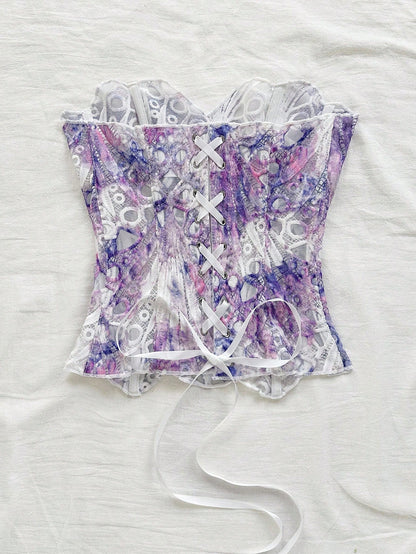 Elegant Sexy Pink And White Summer Floral Lace Corset Bustier Top, Bandeau Hollow-Out Embroidered Double-Layer Fitted Tube Top For Brunch, Vaca