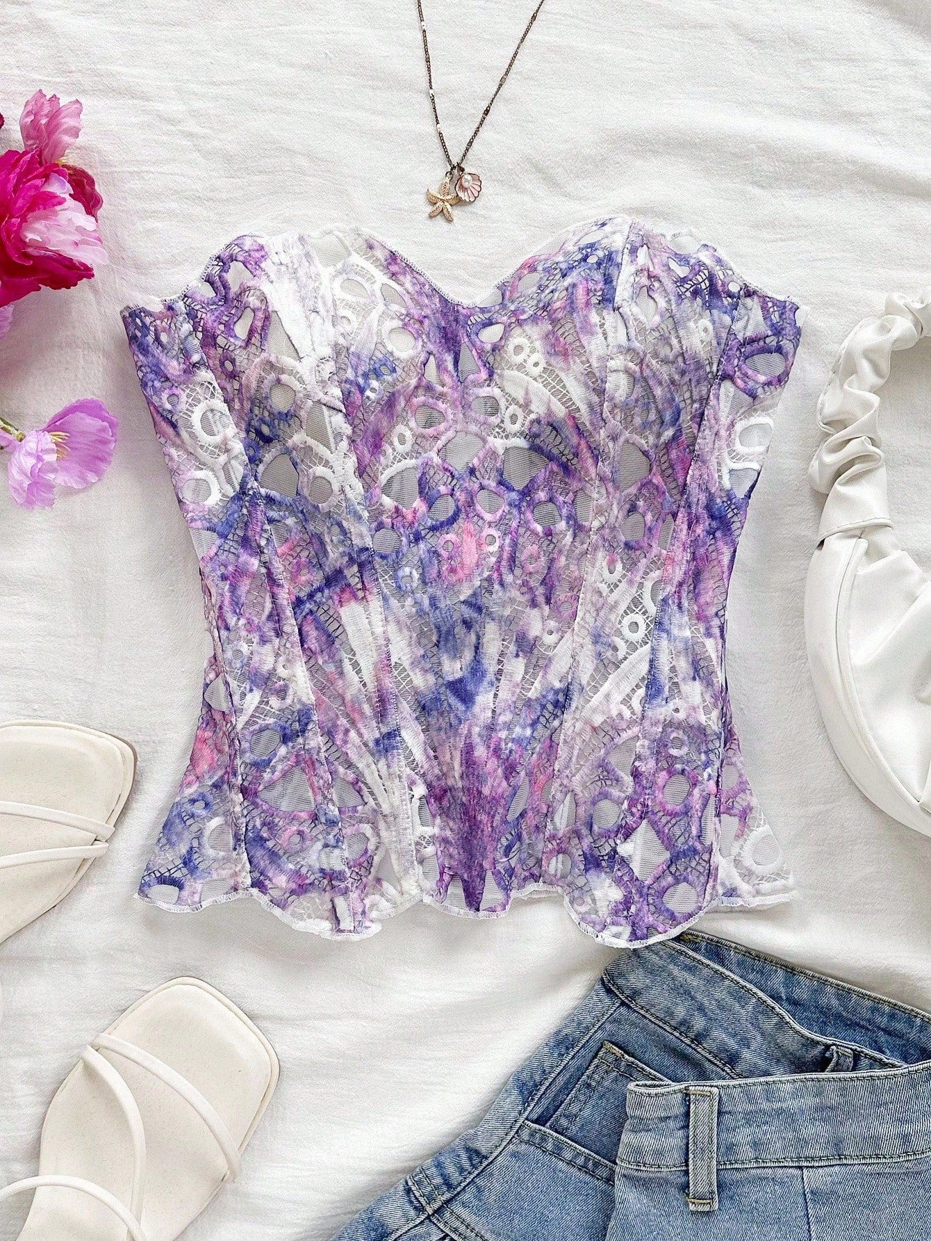 Elegant Sexy Pink And White Summer Floral Lace Corset Bustier Top, Bandeau Hollow-Out Embroidered Double-Layer Fitted Tube Top For Brunch, Vaca