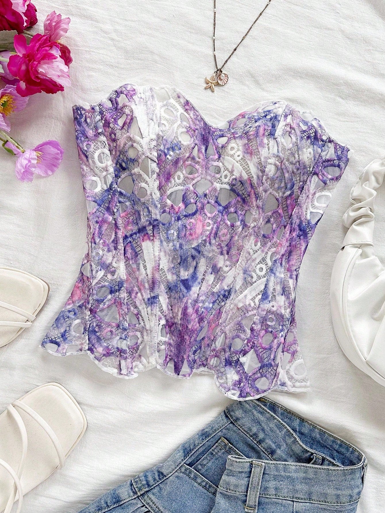 Elegant Sexy Pink And White Summer Floral Lace Corset Bustier Top, Bandeau Hollow-Out Embroidered Double-Layer Fitted Tube Top For Brunch, Vaca