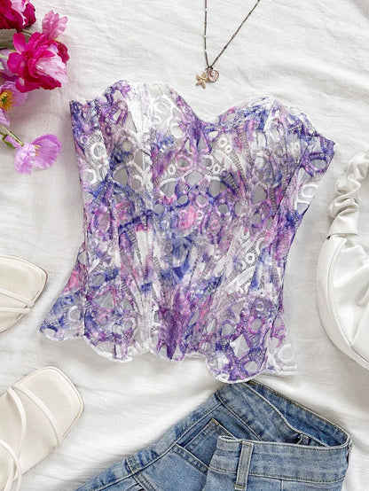 Elegant Sexy Pink And White Summer Floral Lace Corset Bustier Top, Bandeau Hollow-Out Embroidered Double-Layer Fitted Tube Top For Brunch, Vaca
