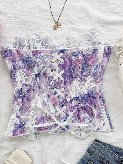 Elegant Sexy Pink And White Summer Floral Lace Corset Bustier Top, Bandeau Hollow-Out Embroidered Double-Layer Fitted Tube Top For Brunch, Vaca