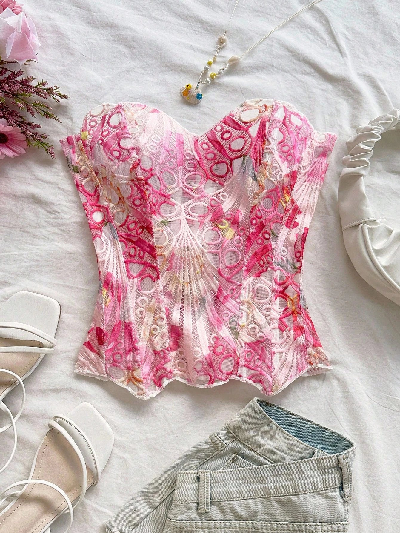 Elegant Sexy Pink And White Summer Floral Lace Corset Bustier Top, Bandeau Hollow-Out Embroidered Double-Layer Fitted Tube Top For Brunch, Vaca
