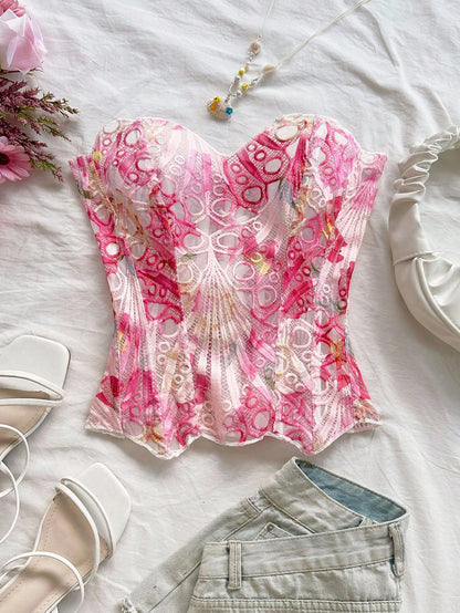 Elegant Sexy Pink And White Summer Floral Lace Corset Bustier Top, Bandeau Hollow-Out Embroidered Double-Layer Fitted Tube Top For Brunch, Vaca