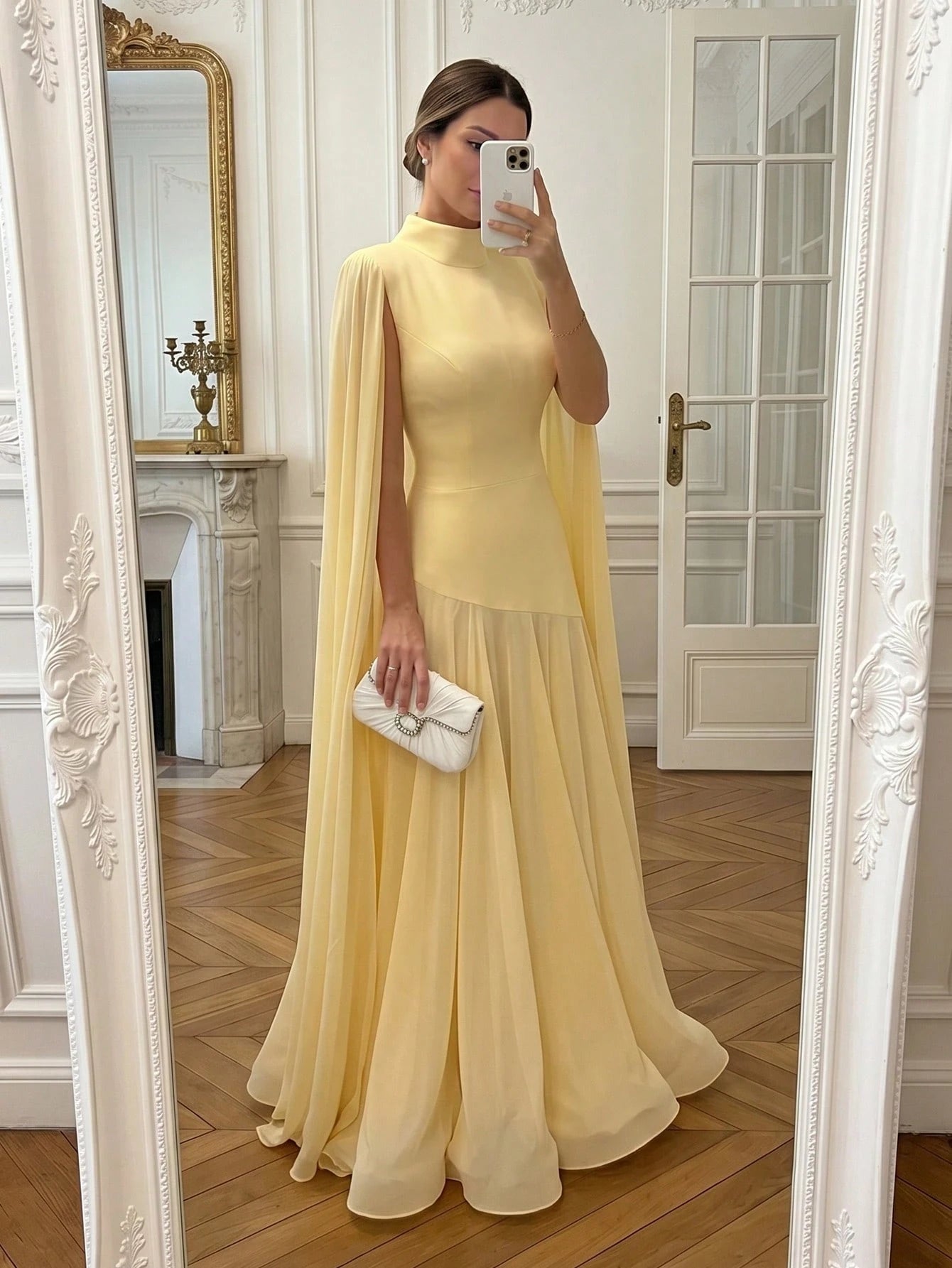 Elegant Solid Color Ruffle Trim Long Sleeve Flowy Dress, Formal Evening Gown For Wedding, Party, Holiday Spring Yellow, Chic & Elegant