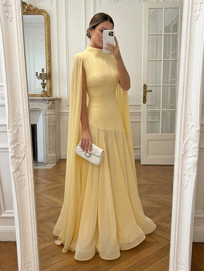 Elegant Solid Color Ruffle Trim Long Sleeve Flowy Dress, Formal Evening Gown For Wedding, Party, Holiday Spring Yellow, Chic & Elegant
