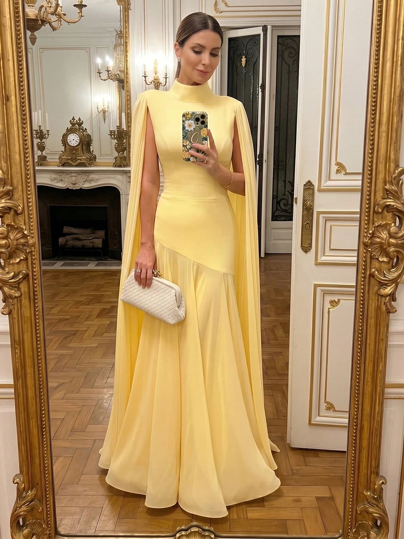 Elegant Solid Color Ruffle Trim Long Sleeve Flowy Dress, Formal Evening Gown For Wedding, Party, Holiday Spring Yellow, Chic & Elegant