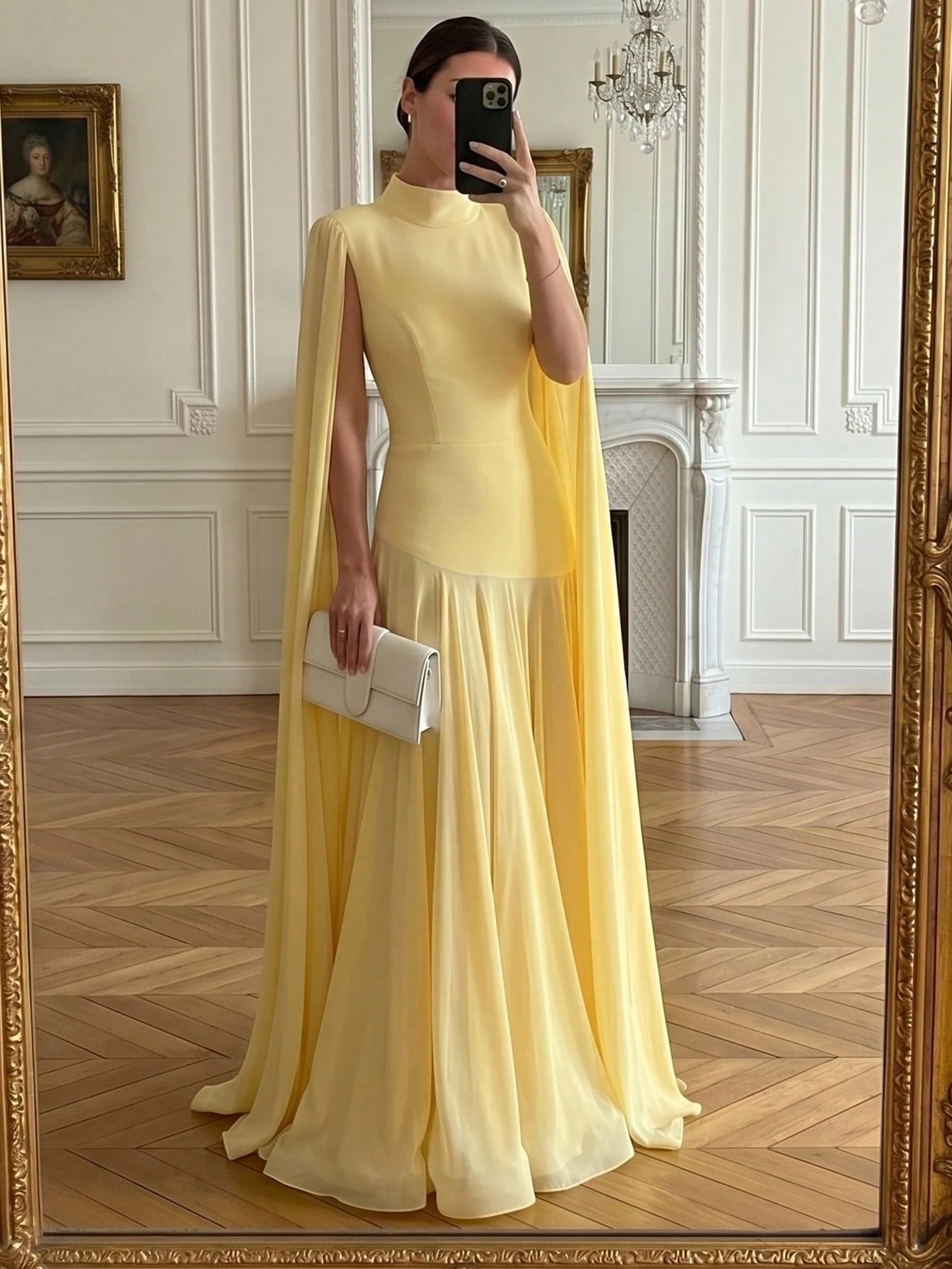 Elegant Solid Color Ruffle Trim Long Sleeve Flowy Dress, Formal Evening Gown For Wedding, Party, Holiday Spring Yellow, Chic & Elegant