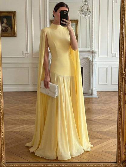 Elegant Solid Color Ruffle Trim Long Sleeve Flowy Dress, Formal Evening Gown For Wedding, Party, Holiday Spring Yellow, Chic & Elegant