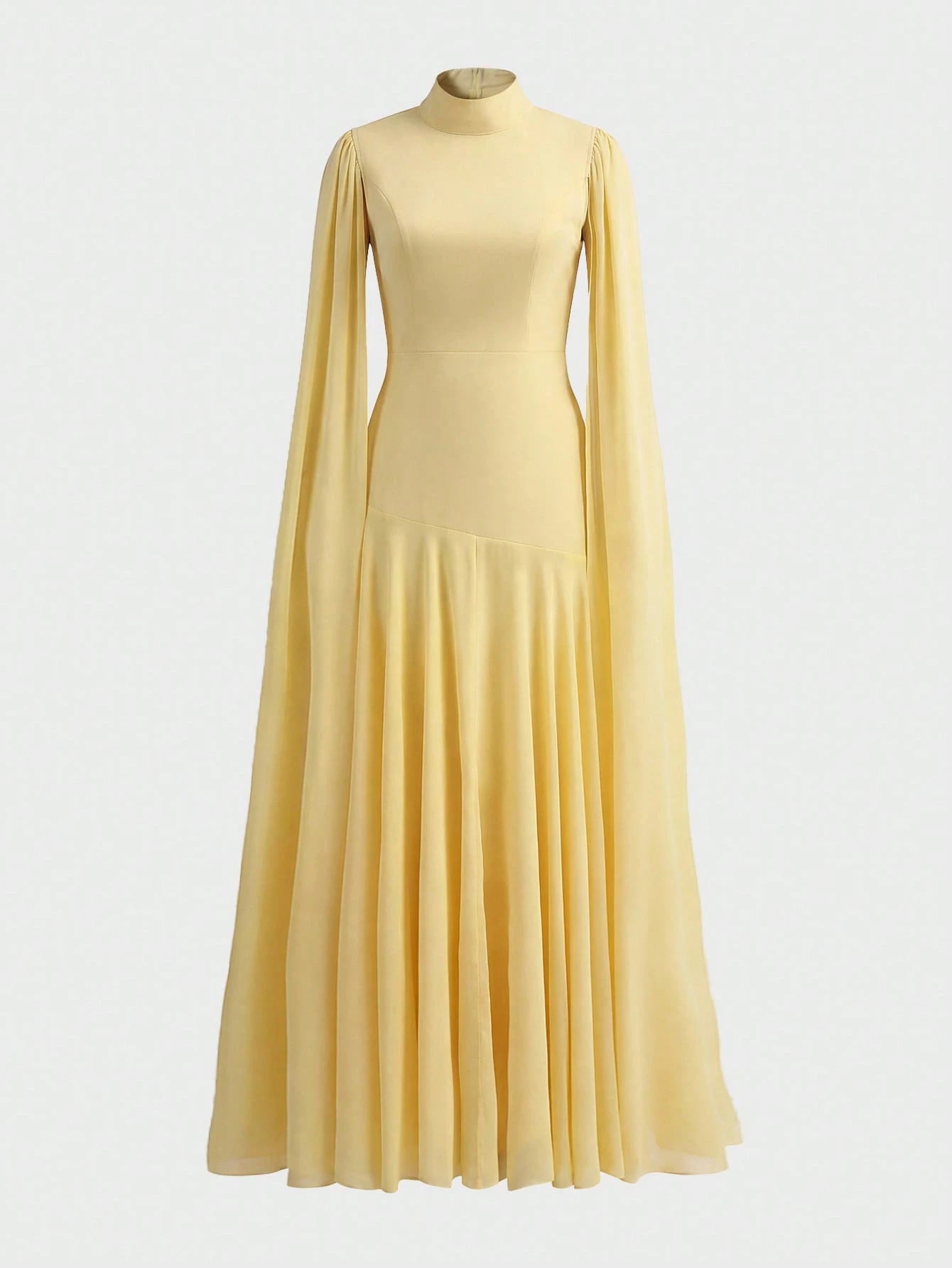 Elegant Solid Color Ruffle Trim Long Sleeve Flowy Dress, Formal Evening Gown For Wedding, Party, Holiday Spring Yellow, Chic & Elegant