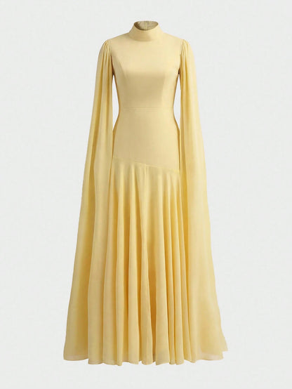Elegant Solid Color Ruffle Trim Long Sleeve Flowy Dress, Formal Evening Gown For Wedding, Party, Holiday Spring Yellow, Chic & Elegant