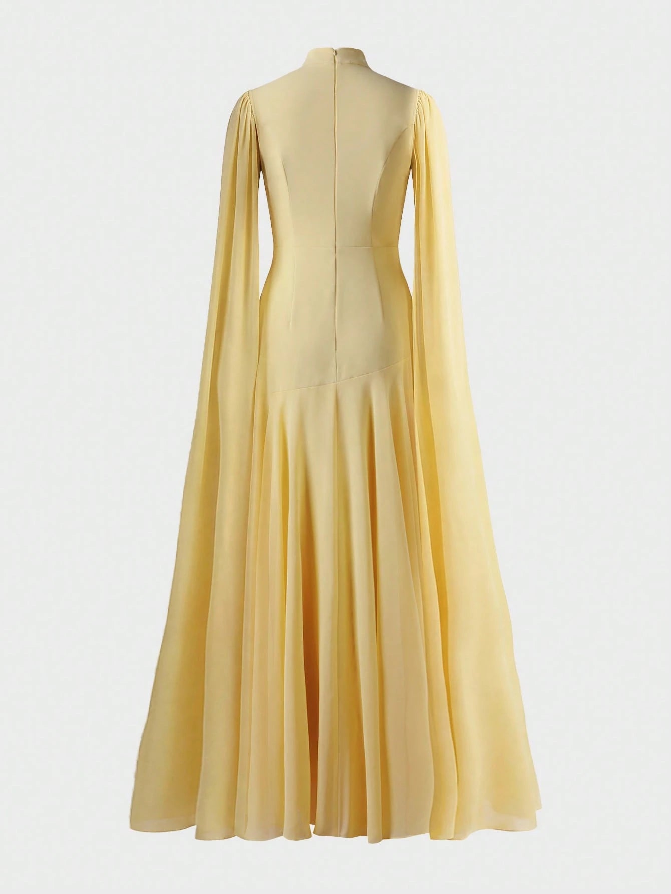 Elegant Solid Color Ruffle Trim Long Sleeve Flowy Dress, Formal Evening Gown For Wedding, Party, Holiday Spring Yellow, Chic & Elegant