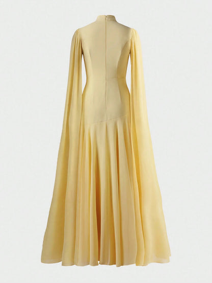 Elegant Solid Color Ruffle Trim Long Sleeve Flowy Dress, Formal Evening Gown For Wedding, Party, Holiday Spring Yellow, Chic & Elegant