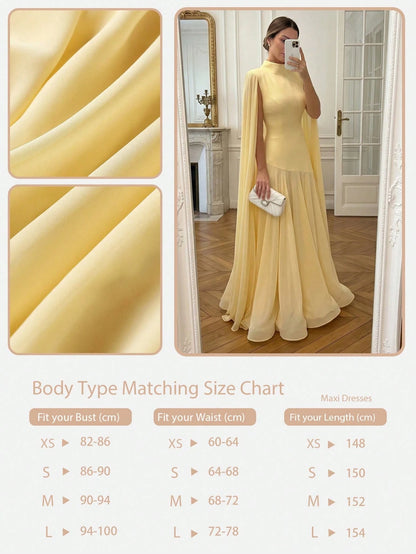 Elegant Solid Color Ruffle Trim Long Sleeve Flowy Dress, Formal Evening Gown For Wedding, Party, Holiday Spring Yellow, Chic & Elegant