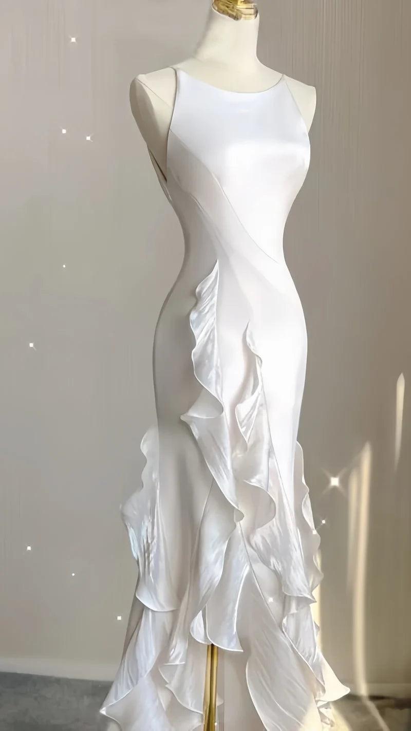 Elegant White Sheath Prom Dresses V-back Ruffle Evening Party Dress,AST2268
