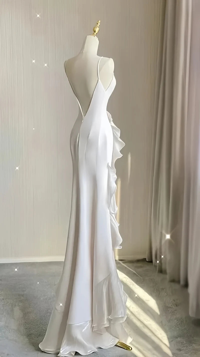 Elegant White Sheath Prom Dresses V-back Ruffle Evening Party Dress,AST2268