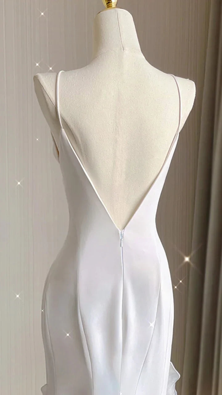 Elegant White Sheath Prom Dresses V-back Ruffle Evening Party Dress,AST2268