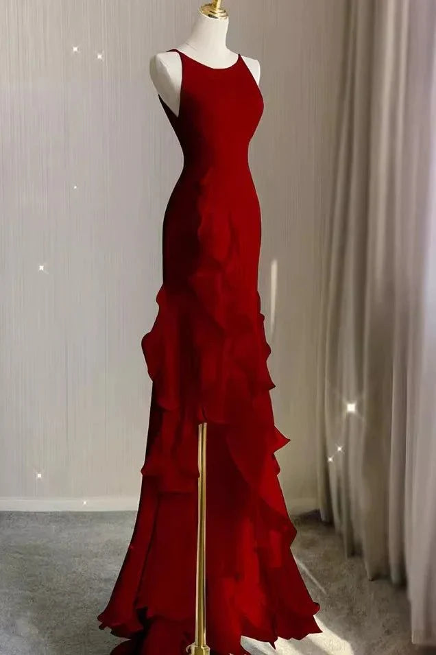 Elegant White Sheath Prom Dresses V-back Ruffle Evening Party Dress,AST2268