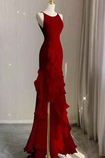 Elegant White Sheath Prom Dresses V-back Ruffle Evening Party Dress,AST2268
