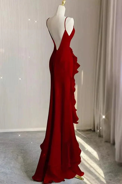Elegant White Sheath Prom Dresses V-back Ruffle Evening Party Dress,AST2268